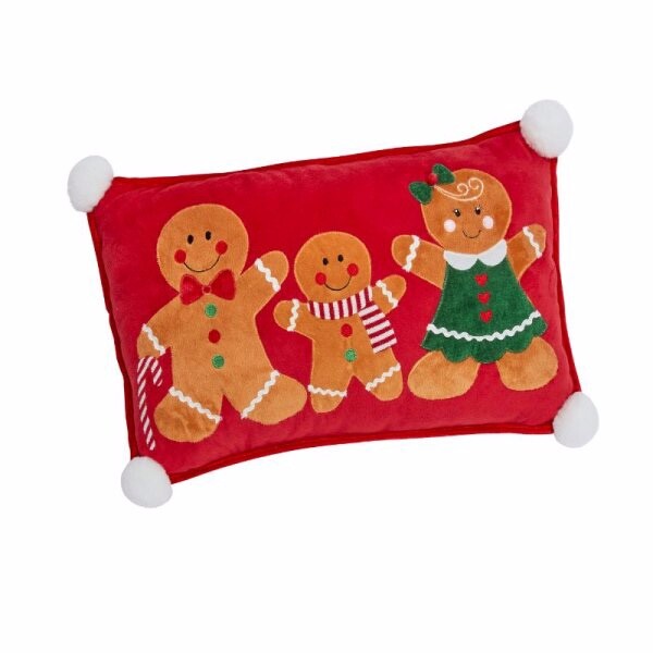 Gingerbread Family Christmas Winter Festive Cushion with Pom-Poms 30 x 50cm