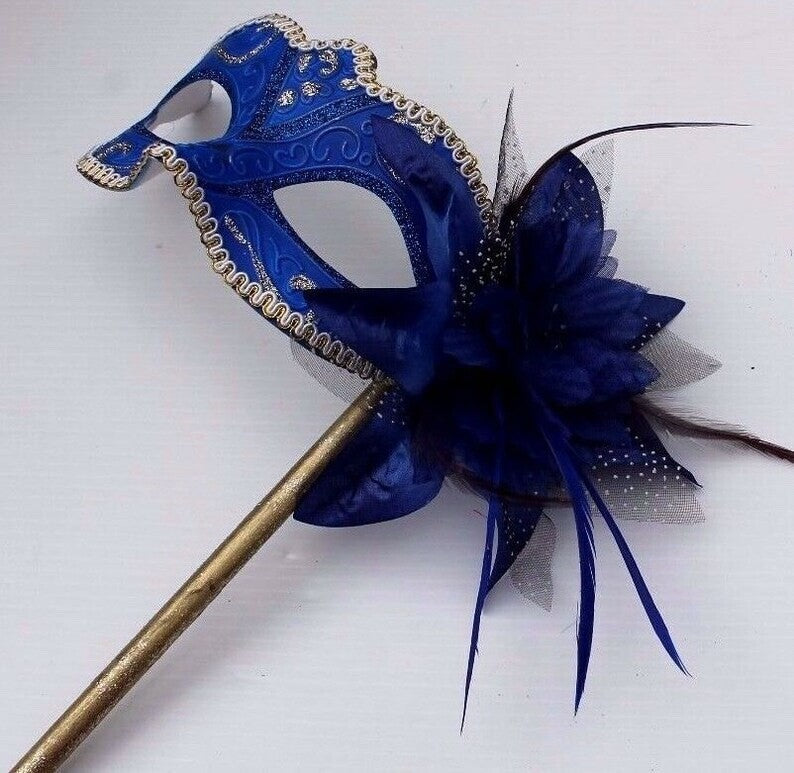 STUNNING BLUE & GOLD VENETIAN MASQUERADE PARTY EYE MASK ON A HAND HELD STICK