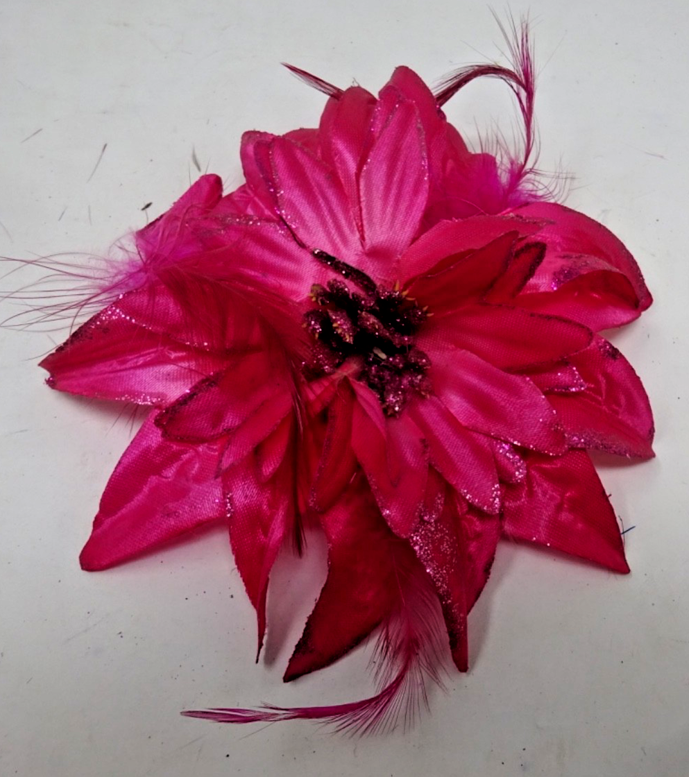 Hot Pink Corsage Brooch Fascinator Fabric Petals with Fine Feathers & Stamens