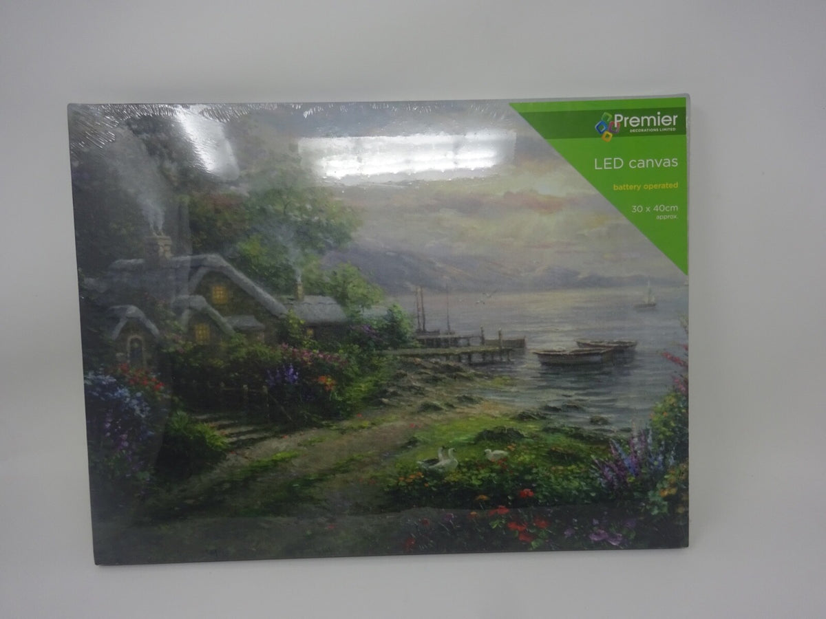 Fibre Optic Light up LED Canvas Picture Lakeside Nautical Cottage Jetty 40x30cm