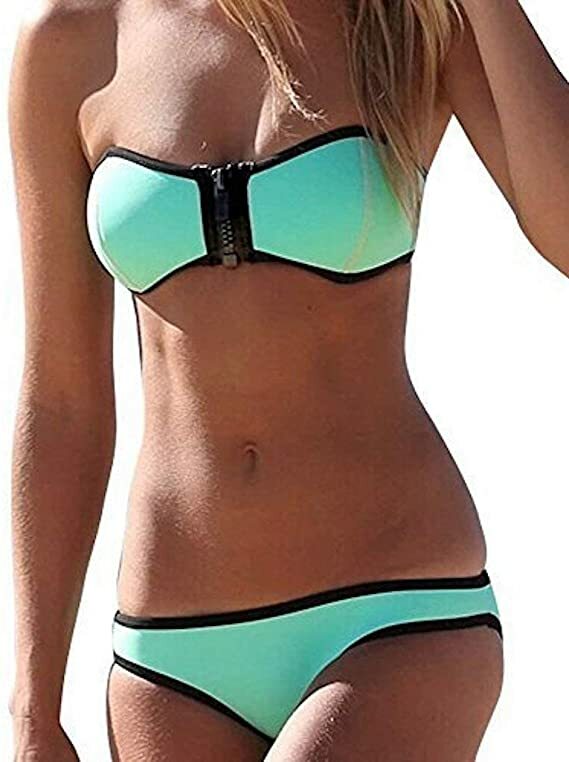Choice 9 Colours Zip Front with Black Trim Two Piece Bandeau Bikini Size 10-12