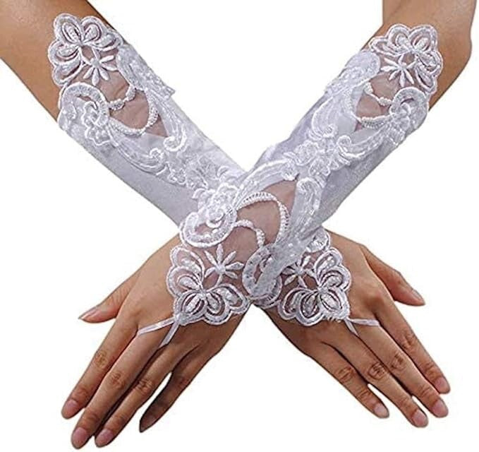 White Satin & Lace with White Beads & Sequins Fingerless Bridal Gloves 26cm Long