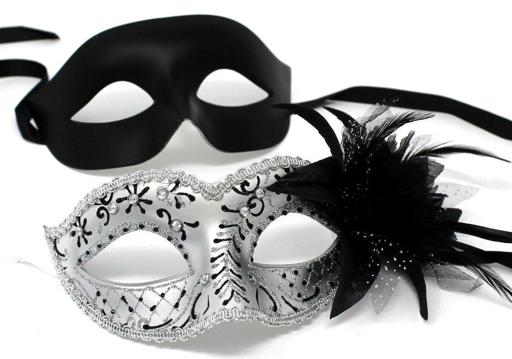 HIS N HERS PAIR COUPLES SILVER AND  BLACK VENETIAN MASQUERADE PARTY  EYE MASKS
