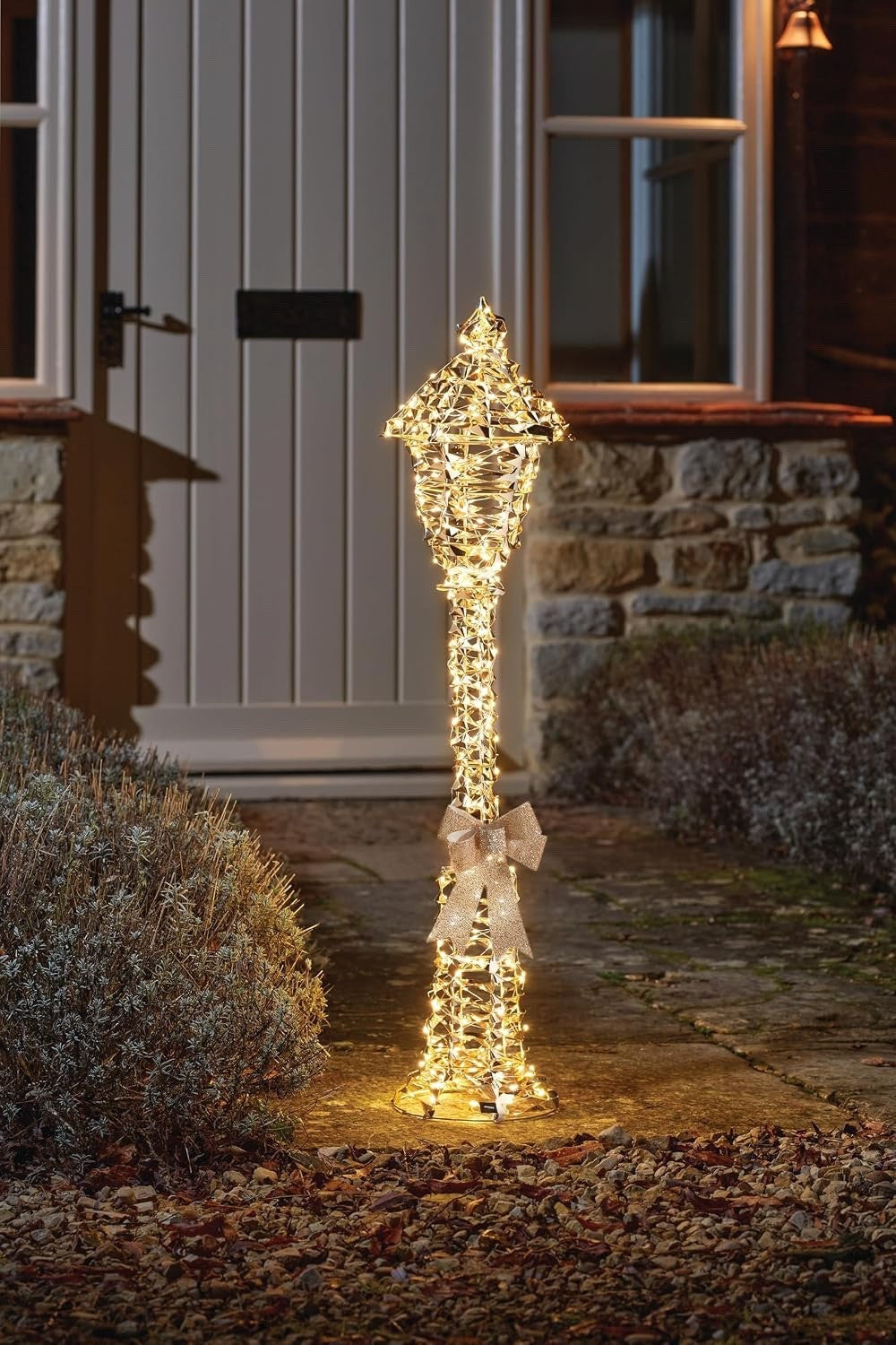 Christmas Festive Gold Twist LED Lamp Post Bow 90cm Tall 5m Mains Power Cable