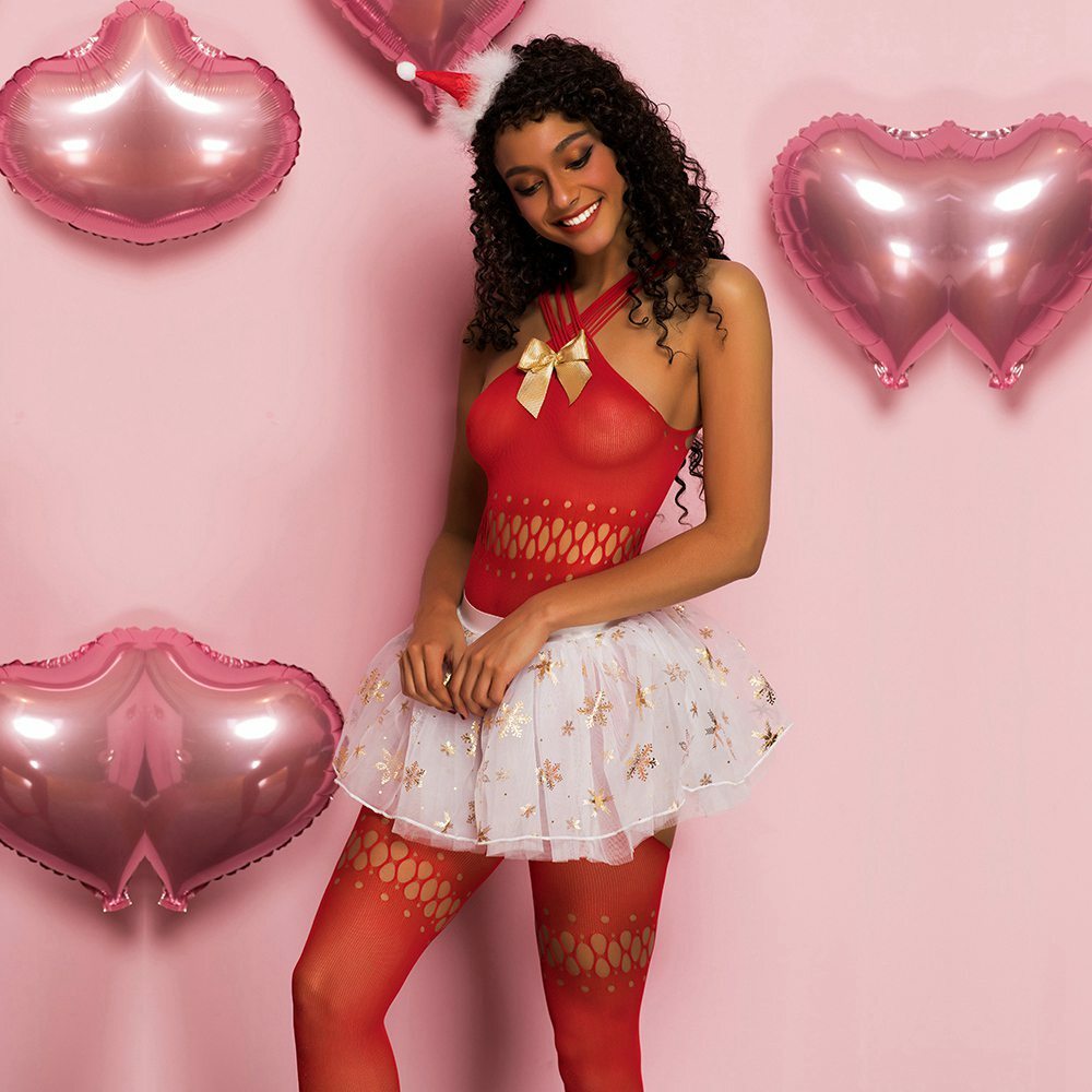 Ladies Sexy Red & White Christmas Costume Bodystocking Skirt & Hat Size 10-12