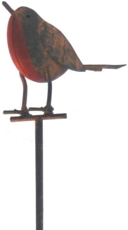 Core-Ten Rusty Metal Robin on a Twig on Long Stake Garden Ornament 1 metre High