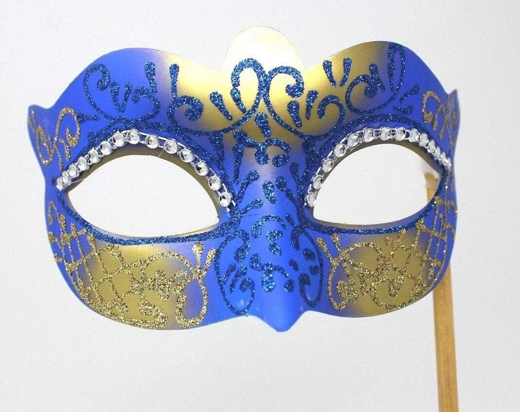 BLUE & GOLD VENETIAN MASQUERADE PARTY EYE MASK ON A HAND HELD STICK & DIAMONTES