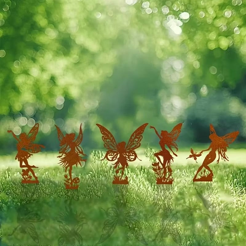 5 x Rust Effect Acrylic Fairies Silhouettes Each is 20cm Tall Garden Decoration