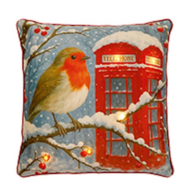 Large Robin Telephone Box Christmas Festive LED Light Up Cushion & Insert 45cm