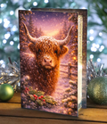 Glass Box Flashing or Static LEDs Highland Cow Decoration 21cm Tall Double Sided