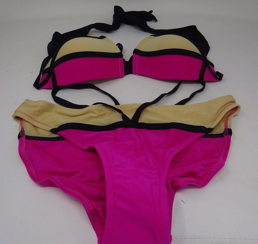 Lovely Stylish Padded Top Hot Pink Black & Sand Bikini Swimsuit Set Size 8-10