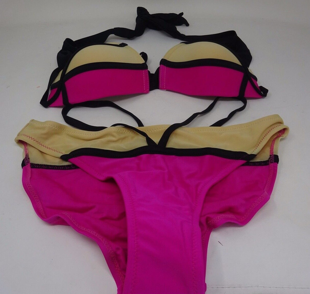 Lovely Stylish Padded Top Hot Pink Black & Sand Bikini Swimsuit Set Size 8-10