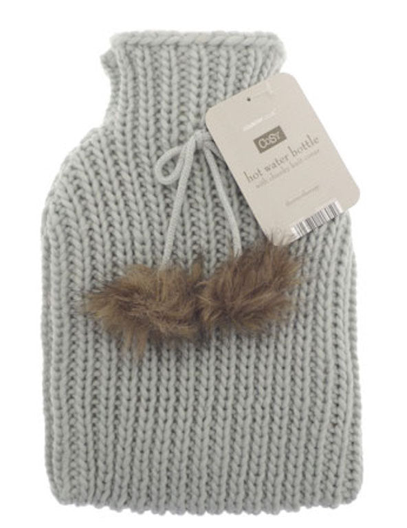 Choice of 2 Colours Snuggly Hot Water Bottle & Knitted Cover PomPoms 30cm Long