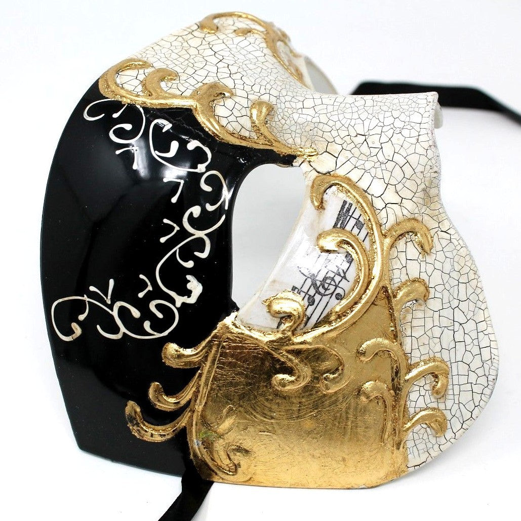 QUALITY BLACK & GOLD HALF FACE PHANTOM MUSICAL NOTES MASQUERADE MASK