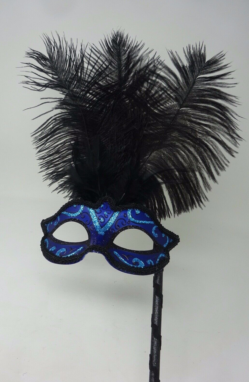 Venetian Masquerade Ball Carnival Mask Hand Held Stick Turquoise Blue & Black