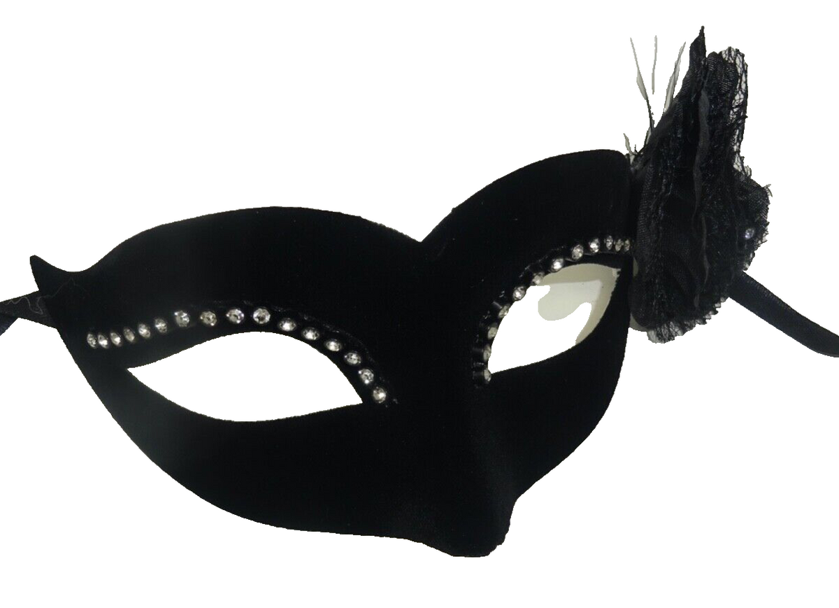 Ladies Black Velour Jewelled Venetian Masquerade Party Carnival Ball Mask Flower