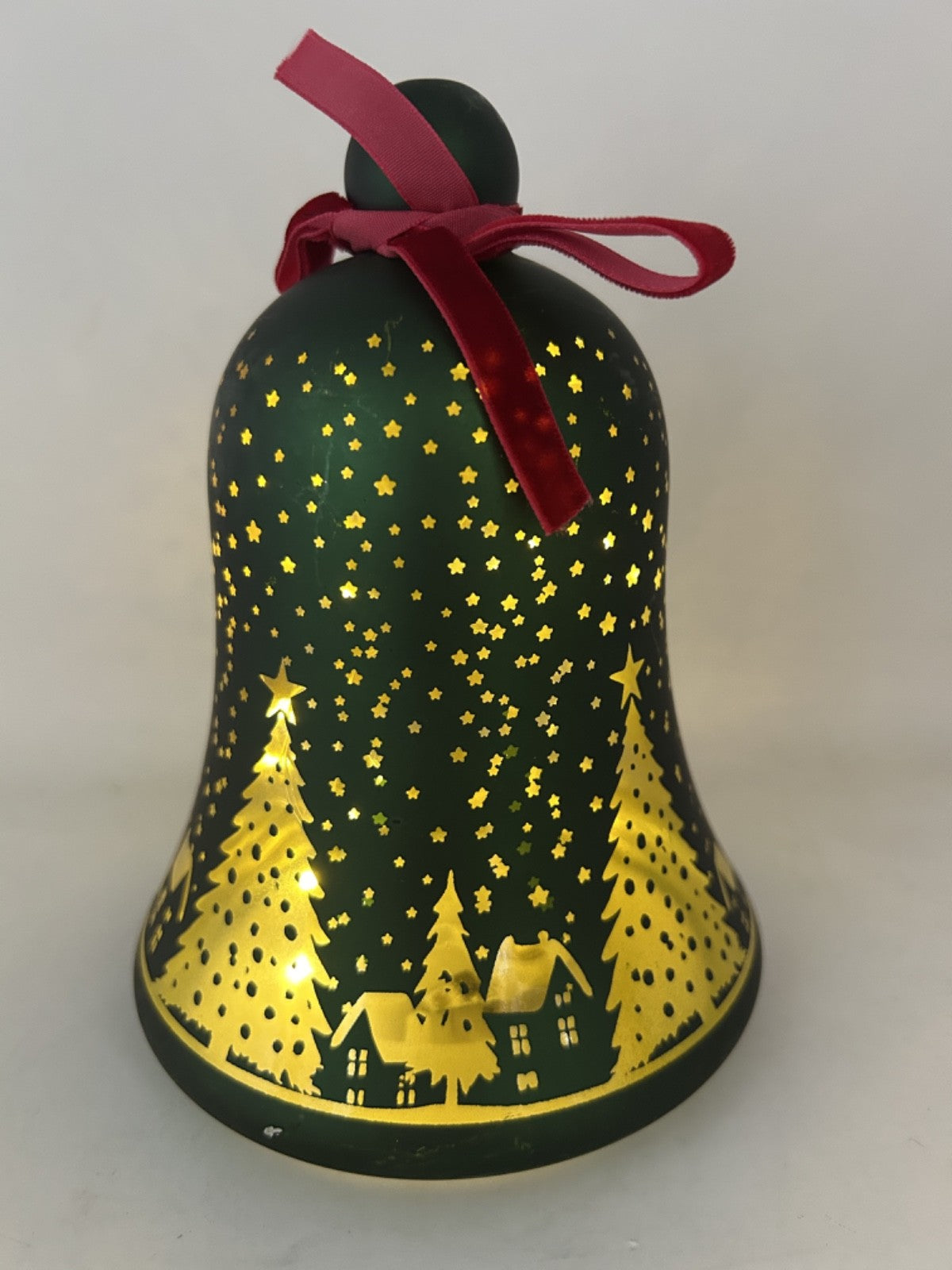 LED Light Up Christmas Winter Forest Stars & Village Emerald Green Glass Bell