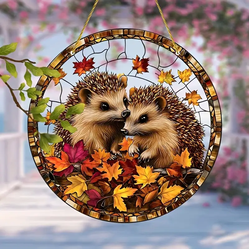 Acrylic Hanging Garden Suncatcher Baby Hedgehogs 20cm Tall on a Yellow Cord