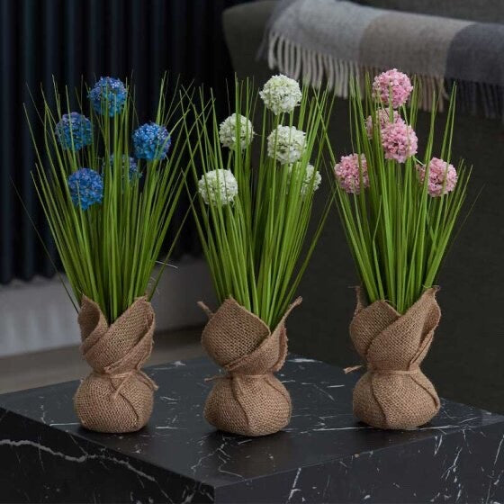 Choice of Artificial Faux Flowers Pom Pomettes 30cm Tall Hessian Base Bouquet