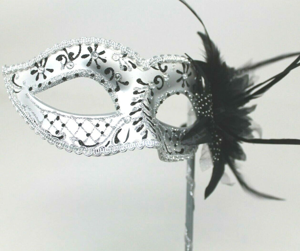 GLITTERING JEWELS BLACK & SILVER VENETIAN MASQUERADE PARTY MASK ON A HAND STICK