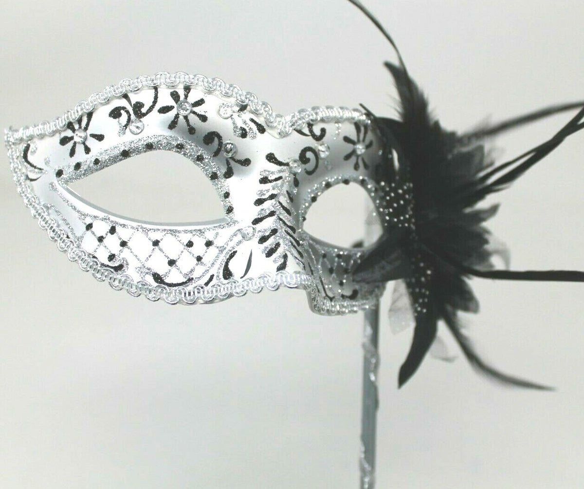 GLITTERING JEWELS BLACK & SILVER VENETIAN MASQUERADE PARTY MASK ON A HAND STICK
