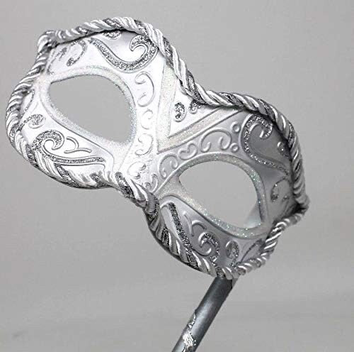 SILVER WHITE BRAIDED VENETIAN CARNIVAL MASQUERADE PARTY EYE BALL MASK ON A STICK