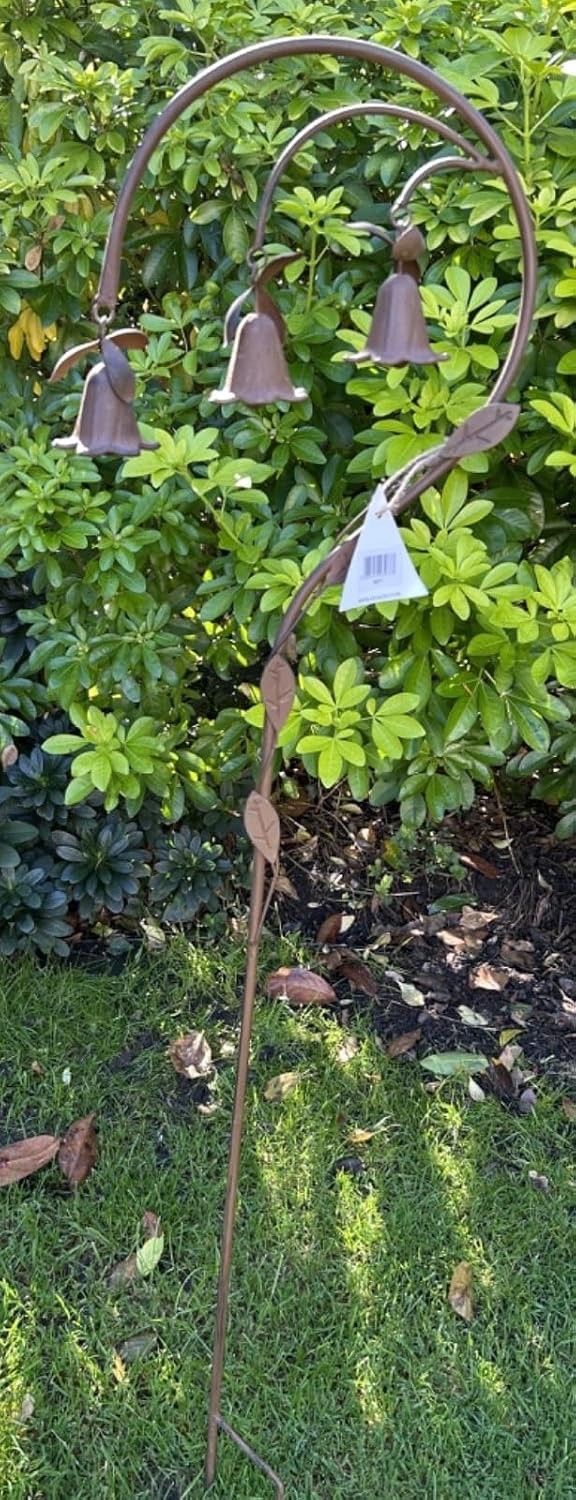 Core-Ten Rusty Metal Long Crook Stake with 3 Bells Garden Ornament 1 metre High