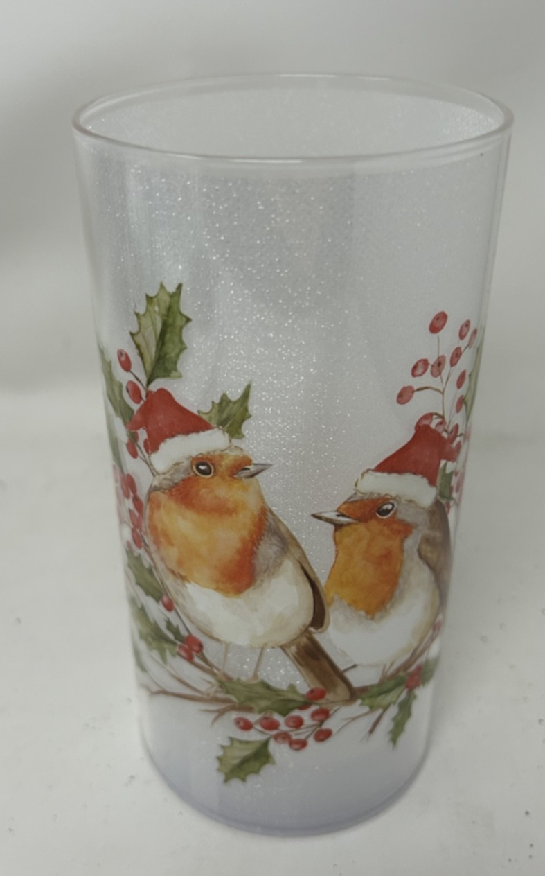 Christmas Festive LED Light Up Robin Frosted Cylinder Lantern Lamp  18cm Tall