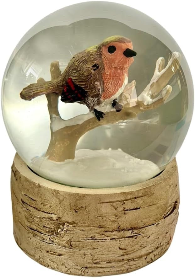 Christmas Festive Robin on a Snowy Branch Snow Globe 13cm Tall Bark Effect Base