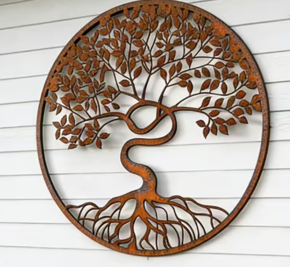 Circular Metal Rusty Tree of Life Garden Ornament 30cm Diameter Wall Plaque