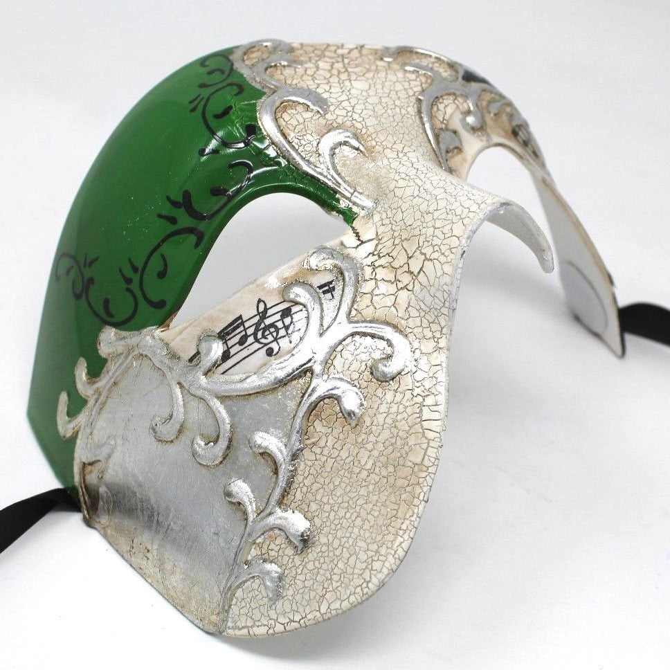 QUALITY GREEN & SILVER HALF FACE PHANTOM MUSICAL NOTES MASQUERADE MASK
