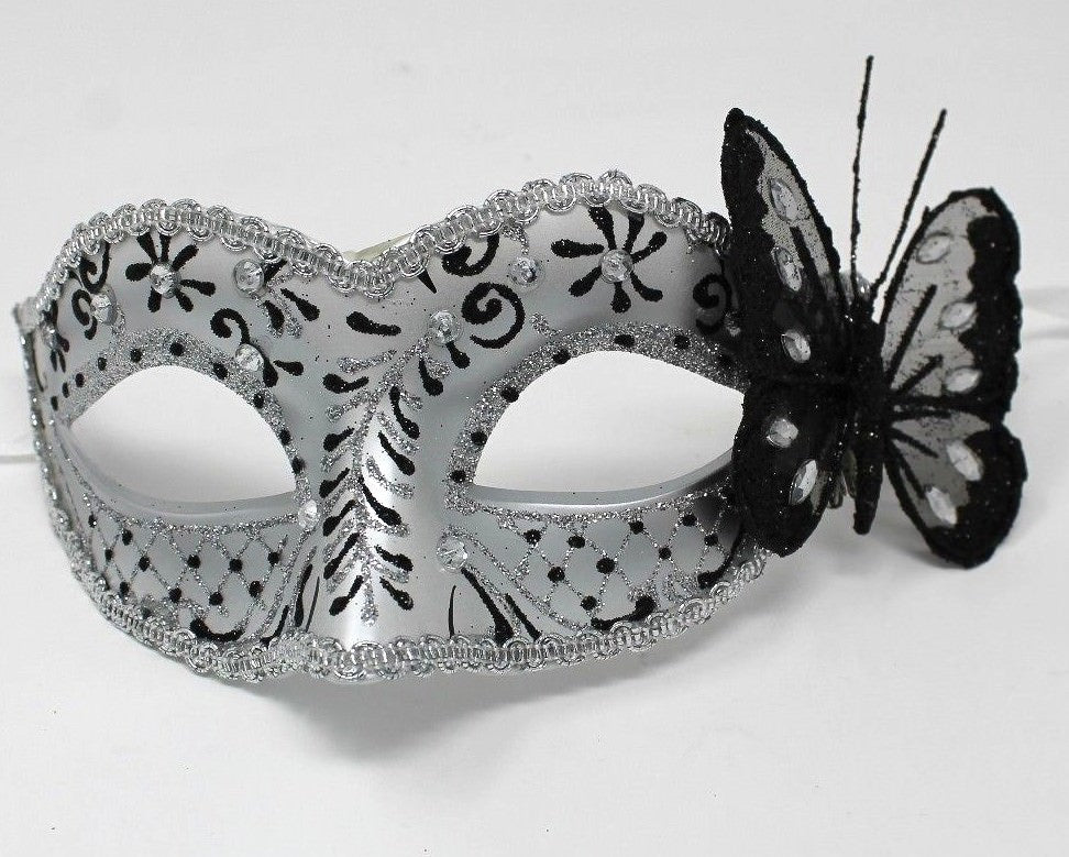 BLACK & SILVER JEWELLED BUTTERFLY MASK VENETIAN MASQUERADE PARTY CARNIVAL BALL