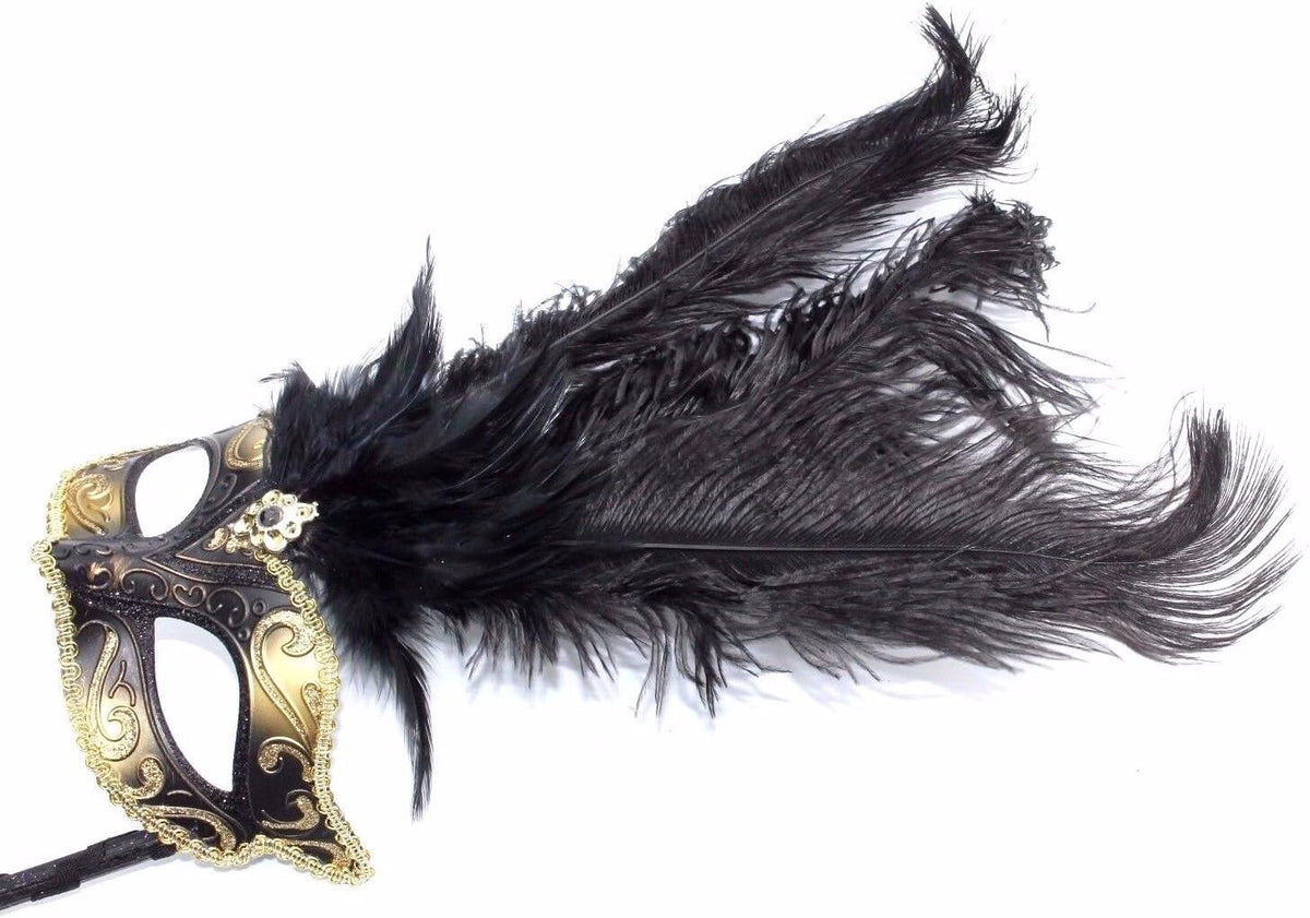 Black & Gold Feather Venetian Masquerade Carnival Party Ball Eye Mask On Stick