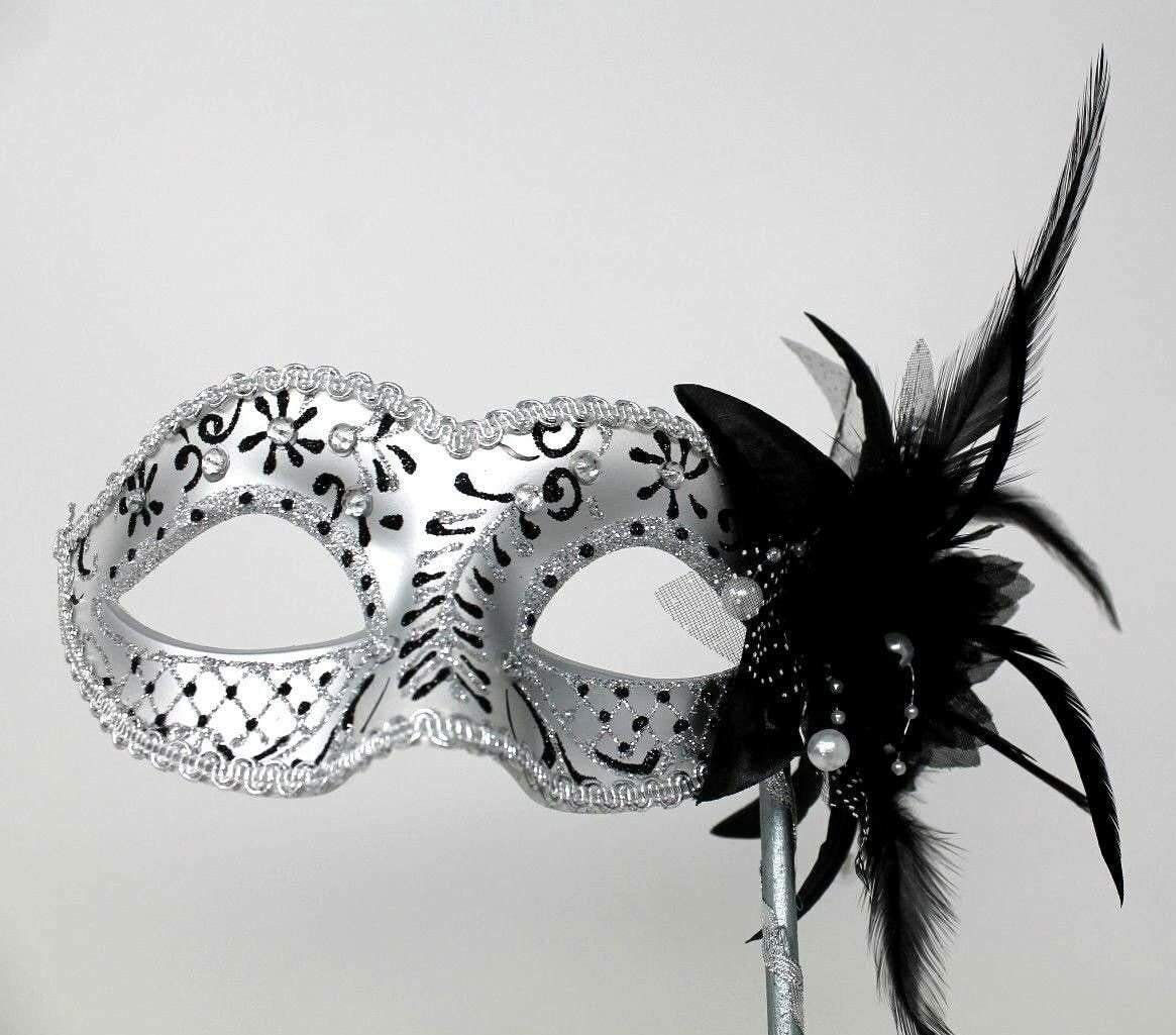 BLACK & SILVER WITH FLOWER & STICK VENETIAN CARNIVAL BALL MASQUERADE PARTY MASK