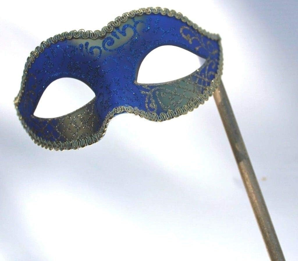 SPARKLING BLUE & GOLD VENETIAN MASQUERADE PARTY BALL MASK ON A HAND HELD STICK