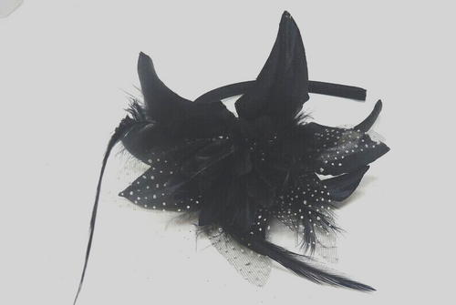 Black Hair Fascinator on Satin Aliceband Headband with Fabric & Feathers Flower