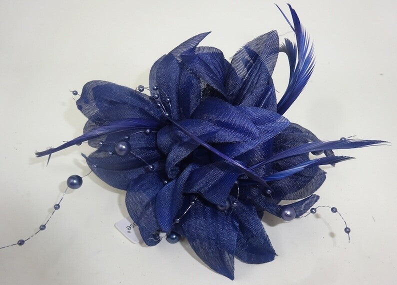 Hair Fascinator Corsage and Brooch Navy Blue Decorative Pearlised Beaded Stamens