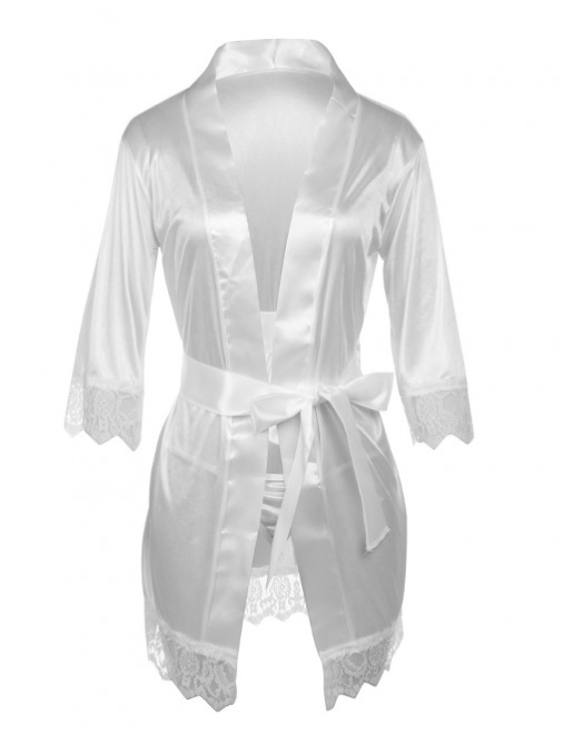 Ladies White Lace Edge Kimono Babydoll Negligee Robe Belt & G-String Size 10-12