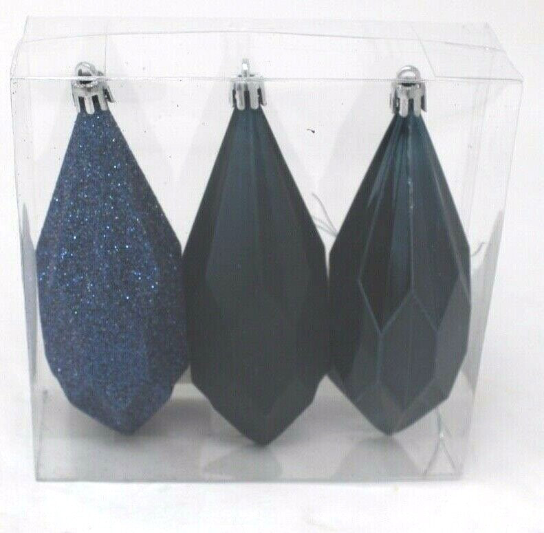 3 x Blue Christmas Baubles Tree Hanging Decoration Ornament Geometric 14cm Tall