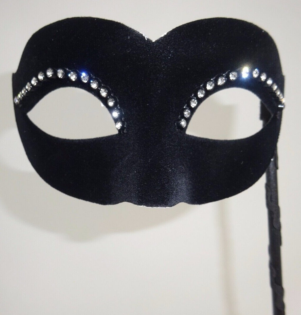 Hand Held Black Velour Jewelled Venetian Masquerade Party Carnival Eye Ball Mask