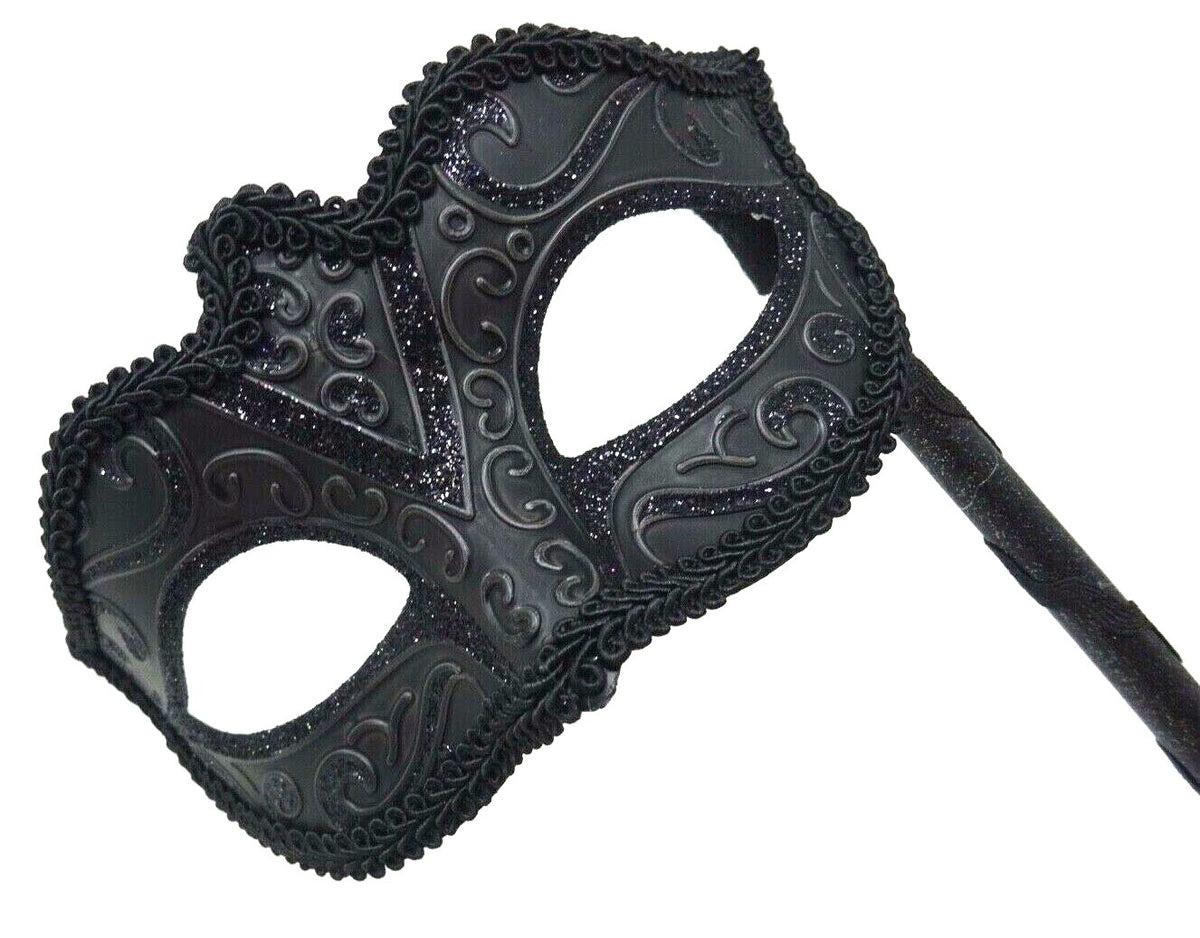 Venetian Midnight Black Sparkling Masquerade Party Ball Mask Hand Held on STICK