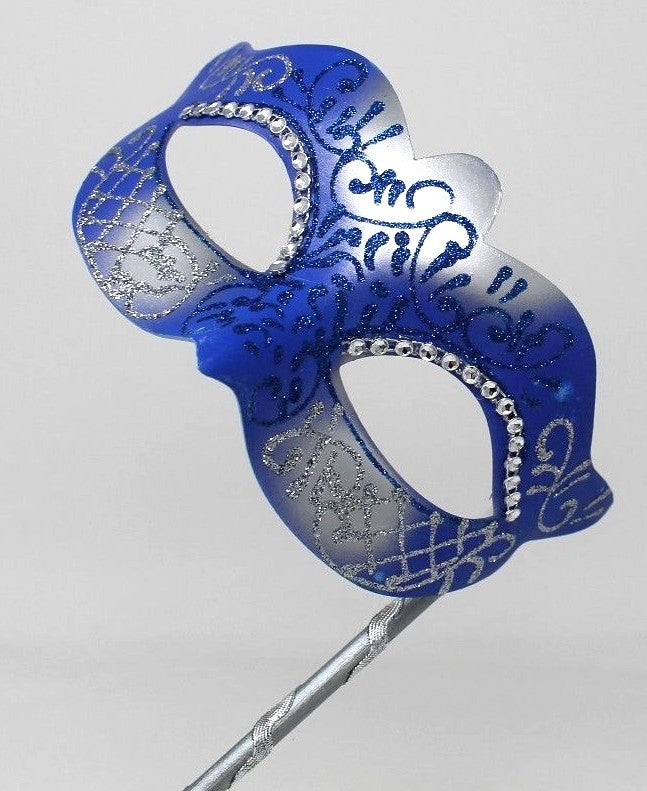 STUNNING BLUE & SILVER VENETIAN MASQUERADE PARTY EYE MASK ON A HAND HELD STICK