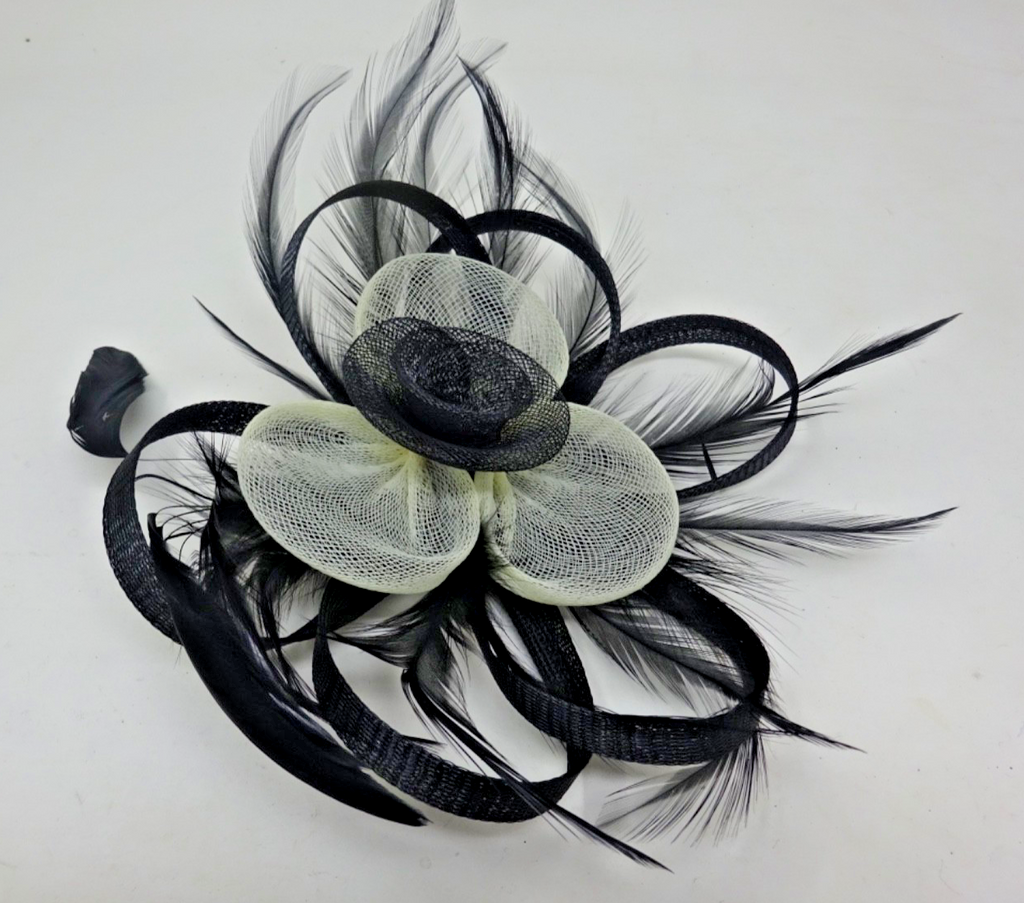 Hair Fascinator Corsage and Brooch Black & Ivory St iffened Net & Loops Feathers
