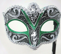 BLACK GREEN & SILVER BRAID VENETIAN MASQUERADE PROM CARNIVAL BALL MASK HAND HELD