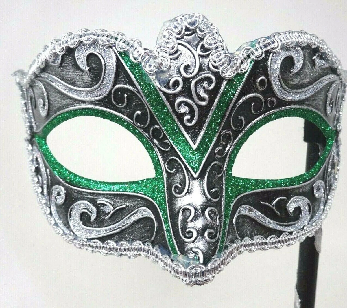 BLACK GREEN & SILVER BRAID VENETIAN MASQUERADE PROM CARNIVAL BALL MASK HAND HELD