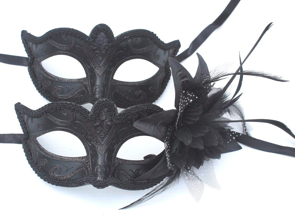 HIS N HERS PAIR COUPLES CO-ORDINATED BLACK VENETIAN MASQUERADE PARTY EYE MASKS