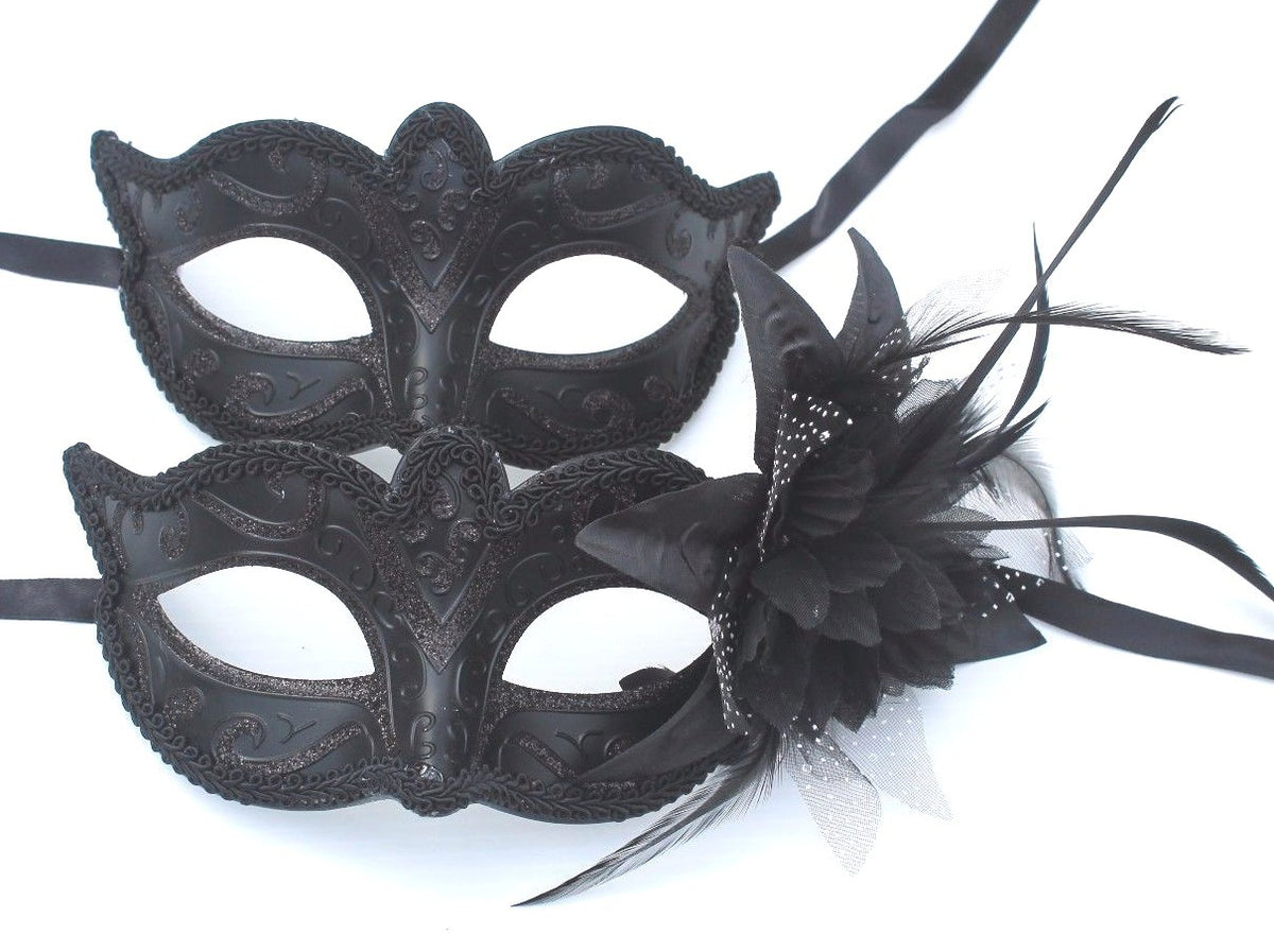 HIS N HERS PAIR COUPLES CO-ORDINATED BLACK VENETIAN MASQUERADE PARTY EYE MASKS