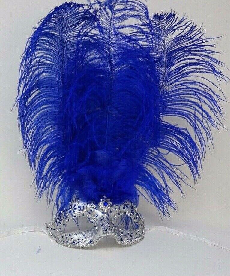 FEATHER MASK BLUE & SILVER VENETIAN MASQUERADE BALL CARNIVAL PARTY FACE EYE MASK