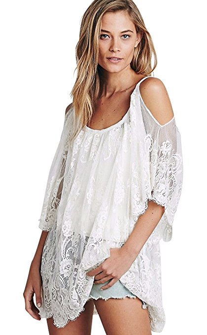 Womens White Lace Loose Fitting Beach Dress Bikini Cover Up Shirt One Size 8-14