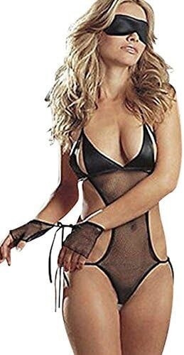 Ladies Sheer Black Sexy Babydoll Teddy Body Handcuffs & Blindfold One Size 8-14